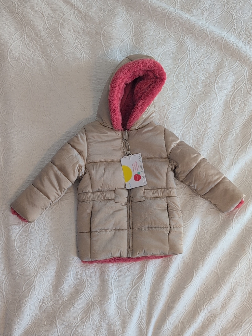 NWT Boboli Gold Reversible Puffer Coat Pink Faux-Fur Lining (2t)